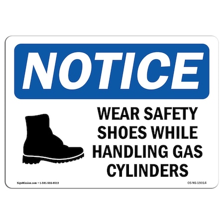 OSHA Notice Sign, Wear Safety Shoes While Handling With Symbol, 5in X 3.5in Decal